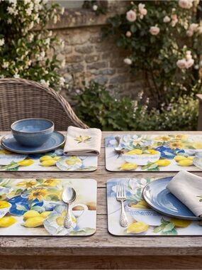 Vintage 90s  Watercolor Sunflower Lemon Table Placemats Country Cottagecore